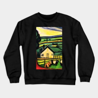 Colourful oil painting of a farm with sheep Crewneck Sweatshirt